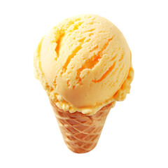 A delicious scoop of creamy yellow ice cream in a waffle cone, isolated on a transparent background, perfect for summer treats and dessert advertising