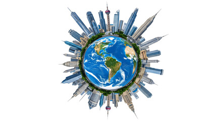 A globe encircled by a modern city, illustrating global urbanization, isolated on transparent background