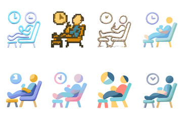Creative Relaxation Icons. Creative Styles set of icons in neo-flat style: neon glowing relaxation time, pixel art relaxation time, hand-drawn sketch