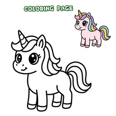 Cute Unicorn Coloring Page for Kids with Colored Example