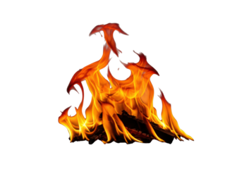 Isolated vibrant flames burning over wood, intense orange, yellow fire, hot heat, natural blaze