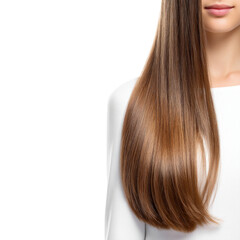 Naklejka premium Glossy Long Hair of a Woman with Healthy Shine and Smooth Texture on a White Background