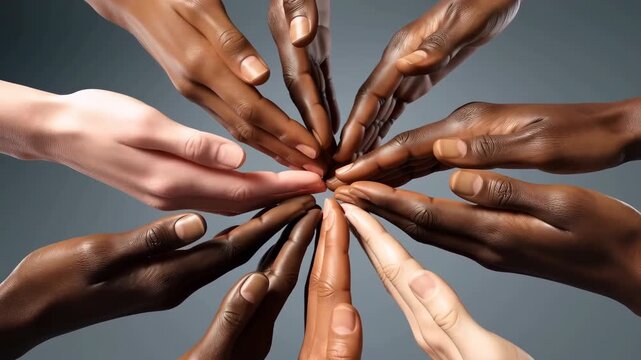Diverse hands coming together in unity circle