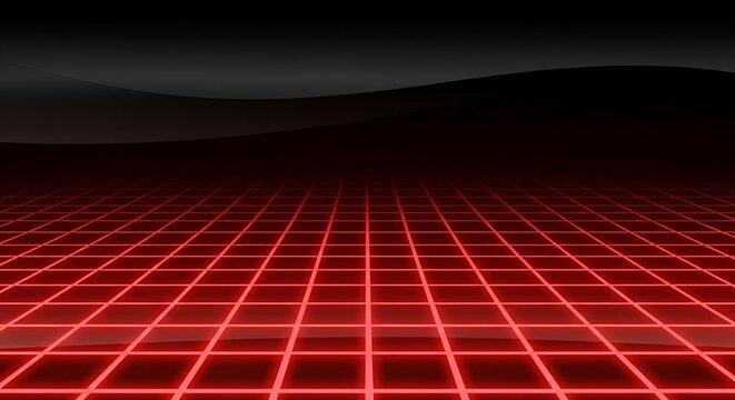 Vibrant neon grid receding into infinite darkness, evoking futuristic digital landscapes and cyberspace adventures
