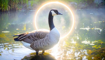 Goose stands in a shimmering pond with a glowing ring behind it, surrounded by nature
