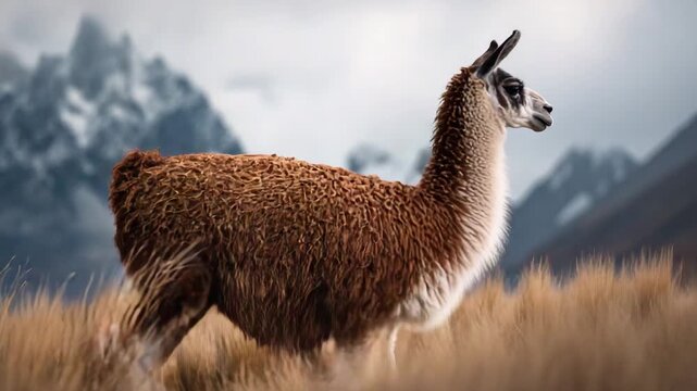 Ultra HD Llama standing in a field of grass with mountains in the background, patagonia, Llama walking video, Guanaco walking video, Llama walking in a mountain video