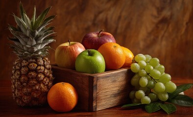 Still life of fresh fruits in a wooden box
