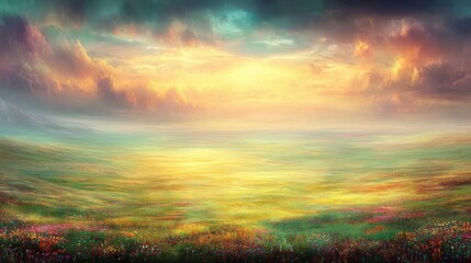 Obraz premium Vibrant sunset over serene landscape nature scene colorful wildflowers tranquil environment artistic perspective