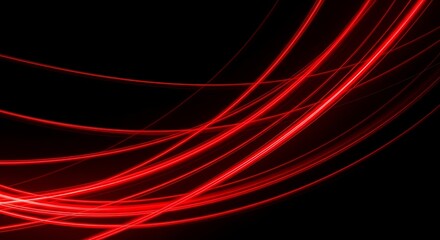 Vibrant red light trails flow dynamically across a deep black background, creating an energetic and...