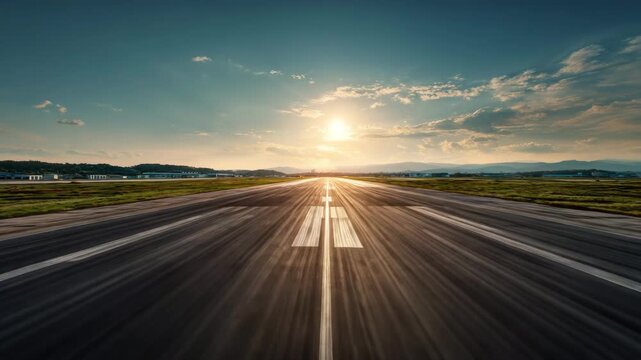 Ultra HD runway leading to the horizon with the sun setting in the background, empty airport runway video