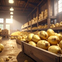 Interior of a rustic produce store filled with potatoes