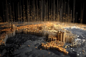 Abstract representation of global data, with golden structures forming a map-like surface over a dark background, emanating light
