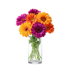 Obraz premium Vibrant arrangement of colorful gerbera daisies in a clear glass vase against a bright background