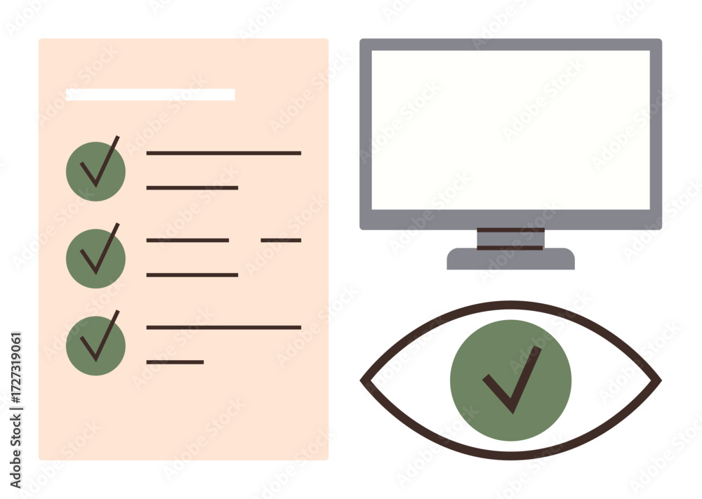 Poster checklist with green checkmarks, computer monitor, and eye with checkmark representing task review, 