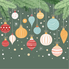 ornaments hanging from branch of Christmas tree with string lights