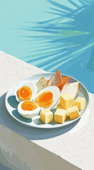 A vibrant breakfast plate featuring soft-boiled eggs, cheese cubes, and crispy bread on a sunlit outdoor table by a pool