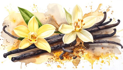 Fototapeta premium Vanilla flowers and pods with soft, watercolor-style splatters, artistic illustration