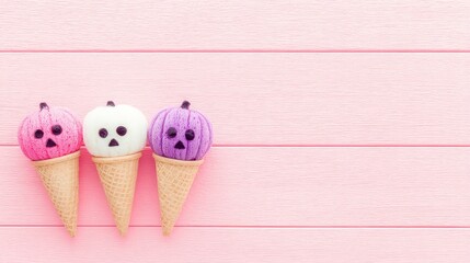 Cute halloween ice cream cones with pumpkin and ghost faces on pink wood