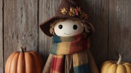 Cute scarecrow doll with pumpkins and autumn leaves on a rustic wooden background