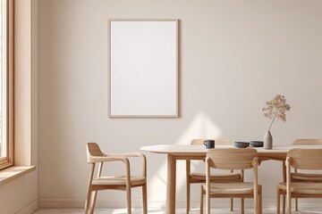 Beige dining room mockup with empty framed art