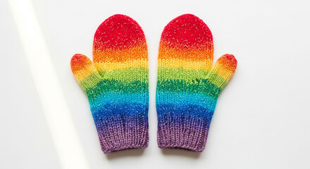 A pair of rainbow knitted mittens with glitter isolated on white background the mittens are made of wool and have a striped pattern in red, orange, yellow, green, blue, and purple