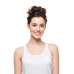 Young woman with a cheerful smile wearing a tank top, isolated on a white background, showcasing natural beauty and confidence