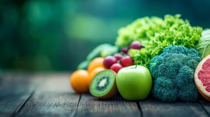 Fresh assorted fruits and vegetables on rustic wooden table