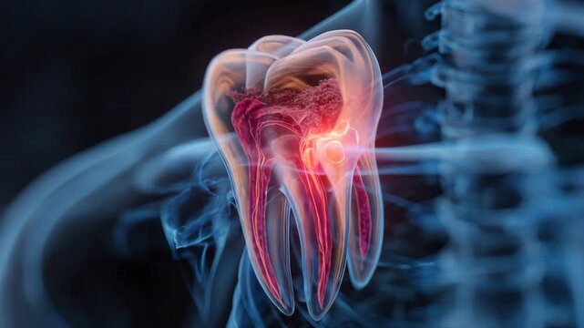 Ultra HD Inflamed tooth with nerve damage and bone loss, dental problem illustration, tooth anatomy animation video, dental anatomy animation video