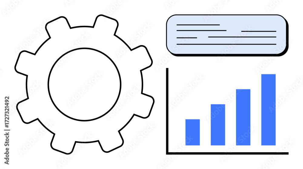 Poster gear, vertical bar chart, and text box symbolizing workflow, progress analysis, and organization. id