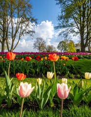 Colorful tulip garden on a sunny day