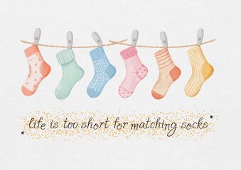 Motivation Greeting Card with colorful socks, Watercolor Funny Socks Illustration, textured background