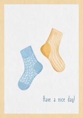 Have a nice Day Greeting Card with colorful socks,  Watercolor Funny Socks Illustration, textured background