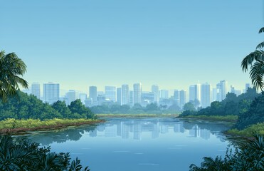 Fototapeta premium Lush tropical foliage and a water body in the foreground provide a striking contrast to the tall skyscrapers that make up the city skyline