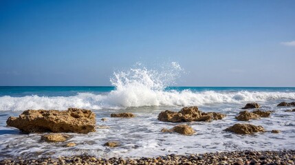 Ocean wave crashes on rocky beach under clear blue sky