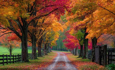 Autumnal driveway lined with colorful trees