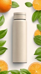 Reusable water bottle surrounded by fresh oranges and green leaves on a white background