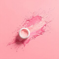Pink cream splashing from jar, beauty product advertising, cosmetic concept.