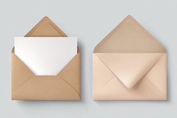 Two open beige envelopes with blank white cards