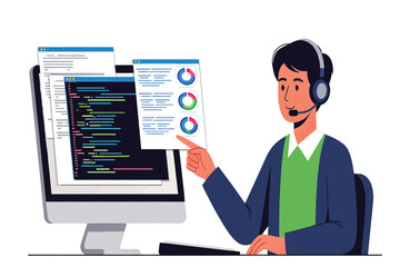 Tech Support Representative with Computer and Data Analysis Displays