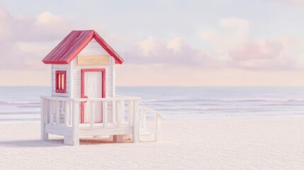 Small beach house with red roof and railing on sandy beach with ocean and sky.