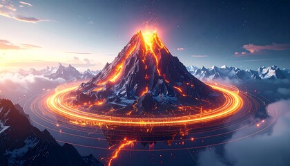 Volcanic peak, glowing ring, snowy mountains