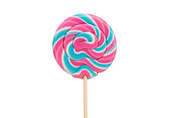 Isolated candy lollipop in pink and blue swirl on wooden stick, delicious confection