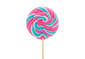 Isolated candy lollipop in pink and blue swirl on wooden stick, delicious confection