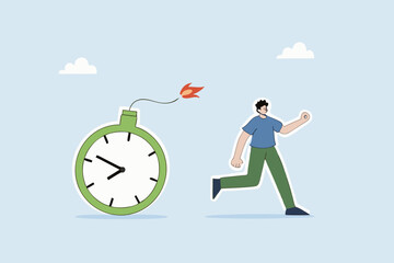 Time management, entrepreneur fleeing from detonating time bomb.