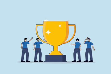 Team success recognition, joy achievement entrepreneurs group celebrating with victory trophy.