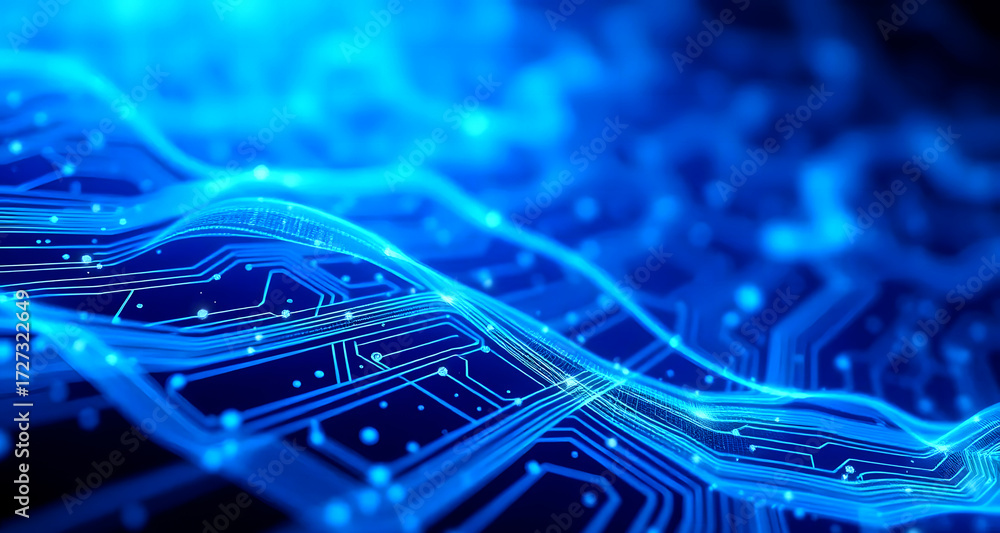 Poster quantum computer technologies concept futuristic blue circuit board background. modern technology ci