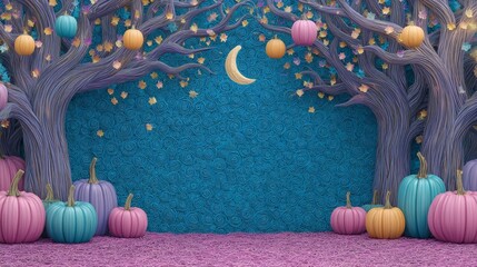 Whimsical pastel pumpkins and stylized trees under a crescent moon
