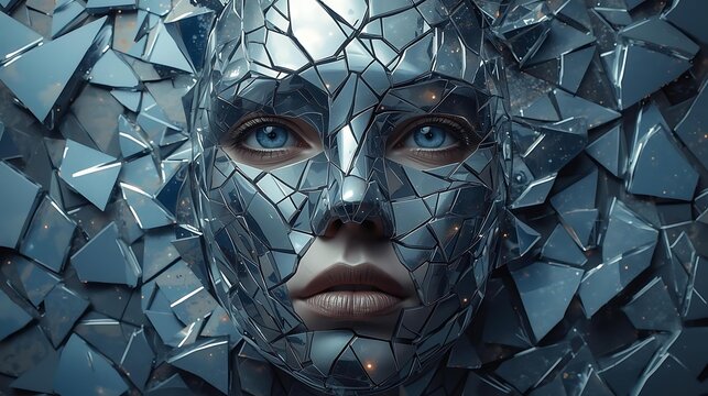 A close-up, surreal portrait of a woman's face constructed from shattered, reflective metallic shards, with piercing blue eyes.