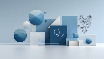 3D rendering of an abstract background with blue and white geometric shapes circles and lines on a light surface with copy space