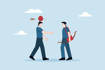 Trusted partner, businessmen agreeing after risky archery apple shot display through handshake.